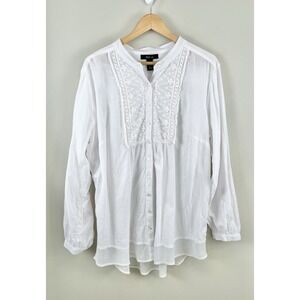 Style‎ & Co Women's XL Button Front White Cotton Long Sleeve Shirt Embroidered